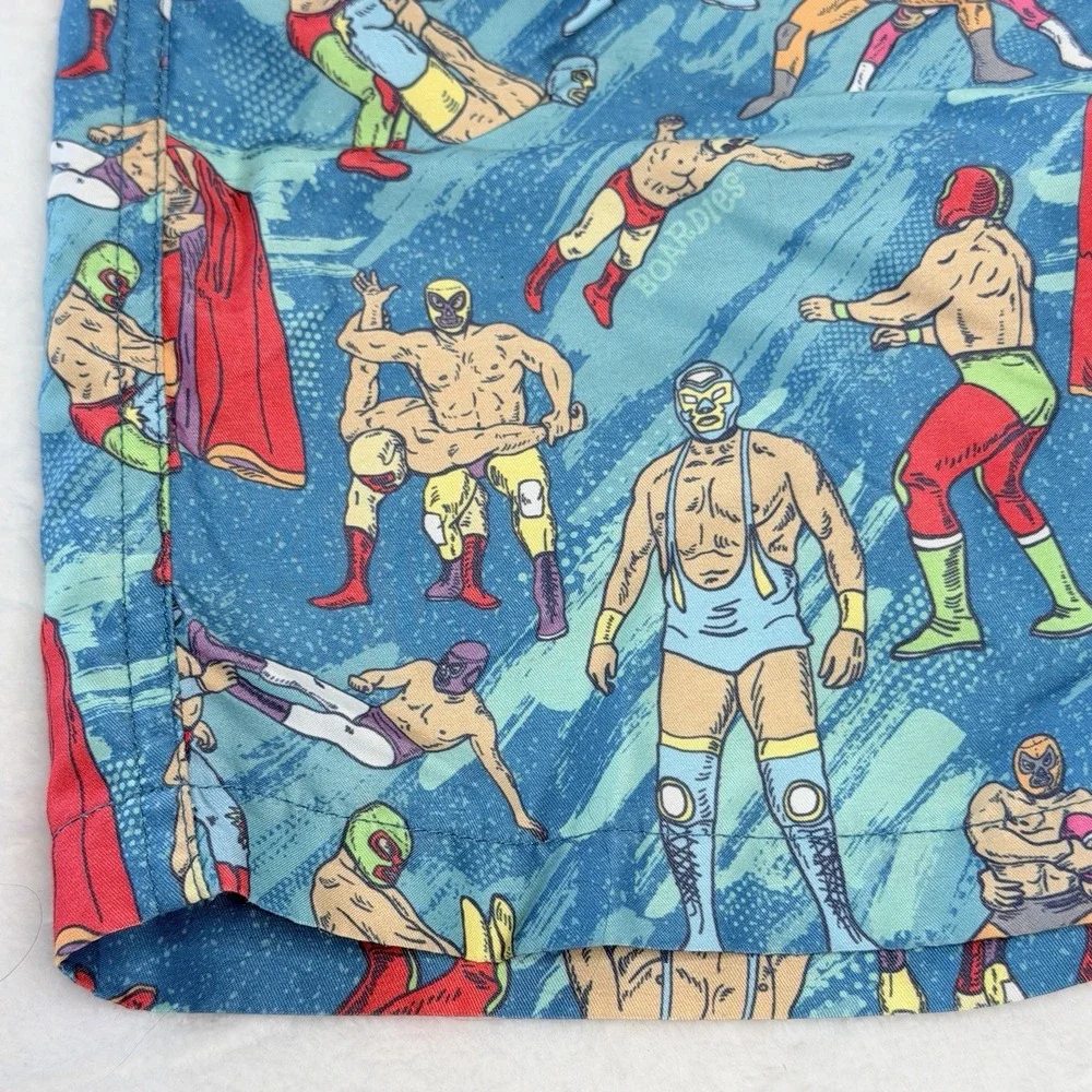 Boardies Boys 9-10 Swim Trunks Blue Luchador Wrestling Print Drawstring Pockets